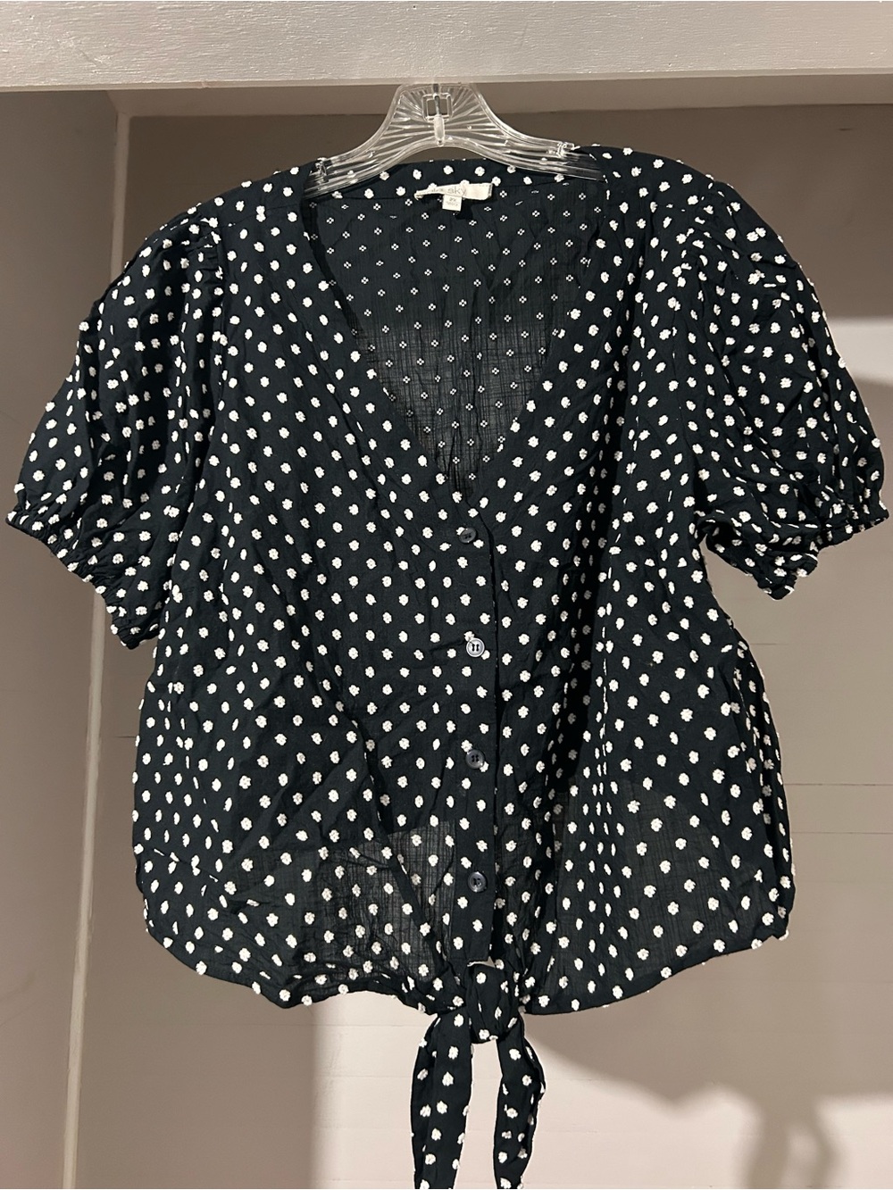 Black Polka Dot Tie-Front Crop Top